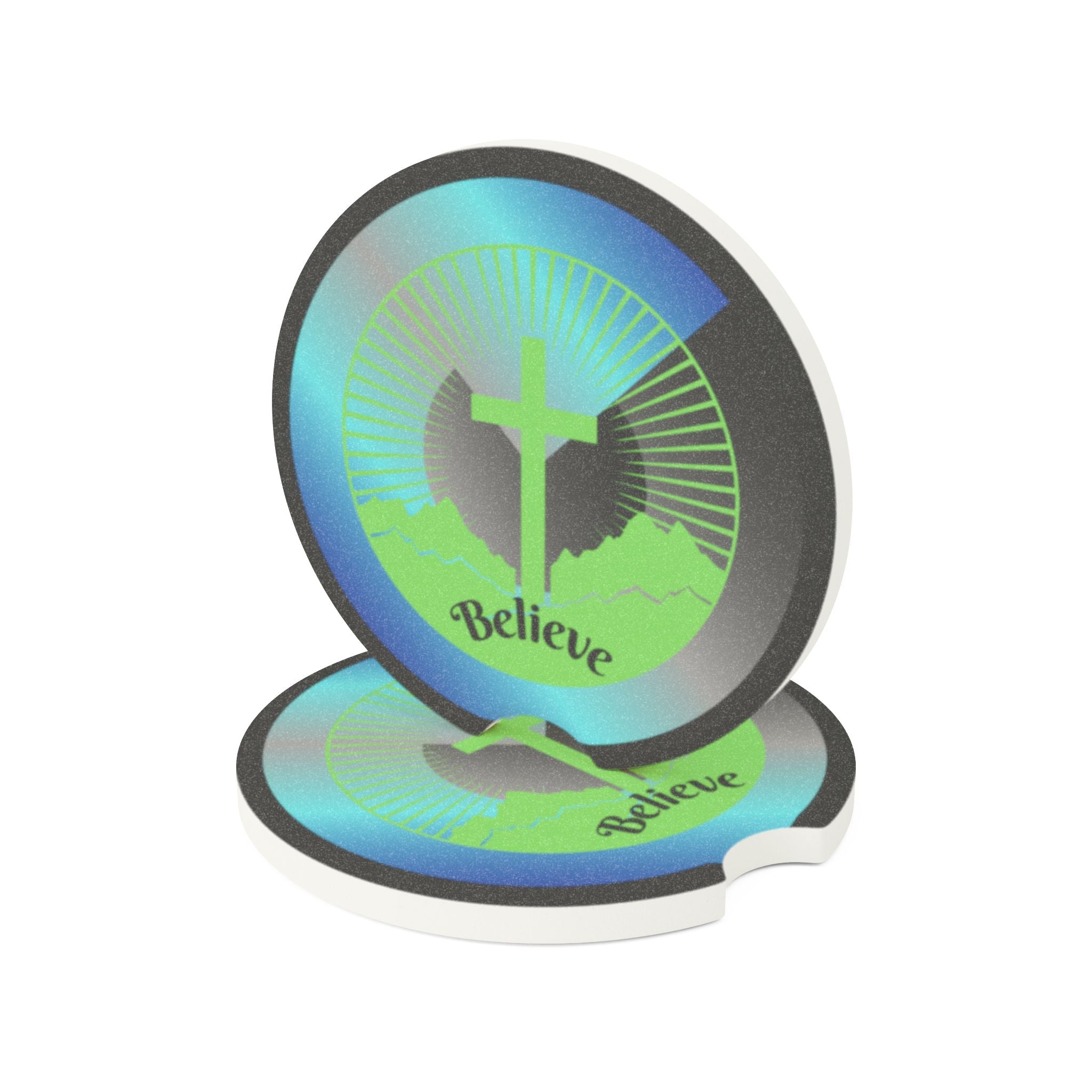 “Believe” Christian Car Coaster – Inspirational Faith-Based Auto Accessory Printify